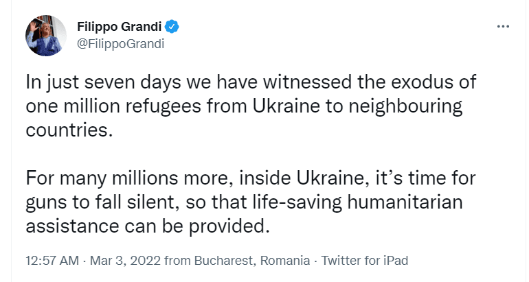 За первую неделю войны Украину покинул 1 млн беженцев Фото 1