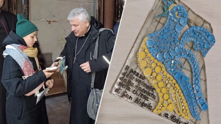 Голуб миру з вітражу костелу св. Миколая у Києві