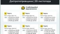 графіки відключення світла на Дніпропетровщині 20 листопада 1