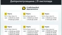 Відключення світла на Дніпропетровщині 21 листопада 2
