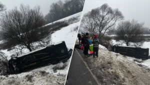 Ехали в Карпаты на отдых: на Закарпатье микроавтобус с детьми съехал в кювет ДТП в Ужгородском районе 25 января: последствия аварии с микроавтобусом