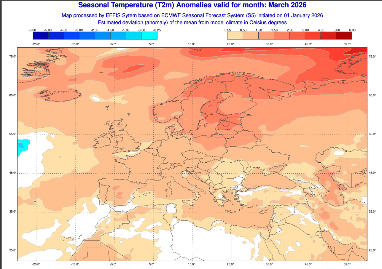 прогноз сезонної аномалії від ECMWF Seasonal Forecast System (S5), оброблений системою EFFIS